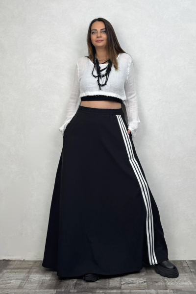 Şerit Detaylı Maxi Etek - Siyah