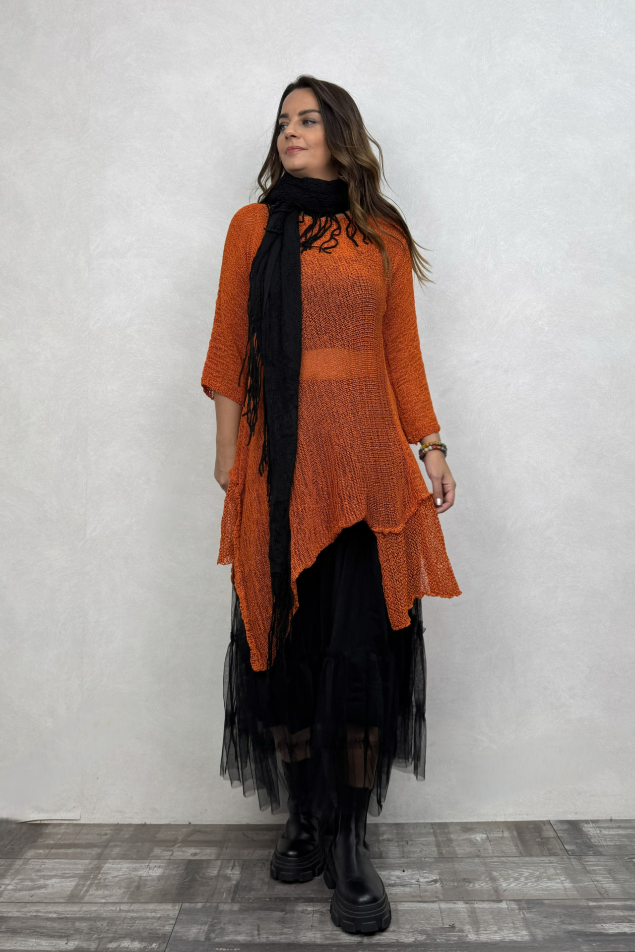 Merserize Tunik ve Tül Etek Kombin - Turuncu Siyah