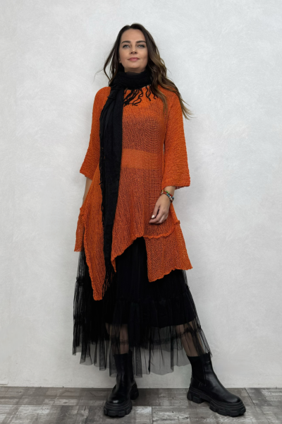 Merserize Tunik ve Tül Etek Kombin - Turuncu Siyah