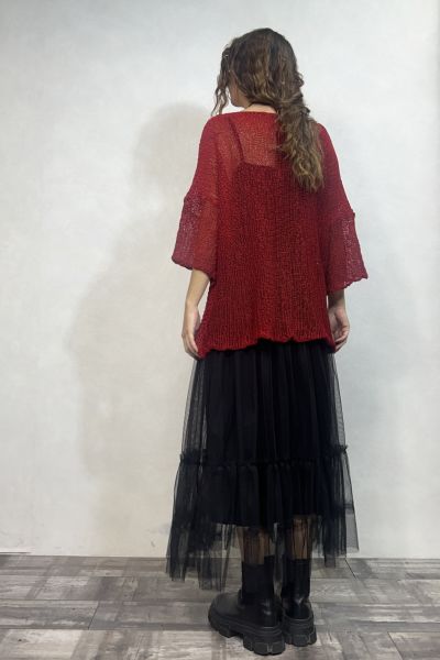 Merserize Bluz ve Tül Etek Kombin - Siyah Kırmızı