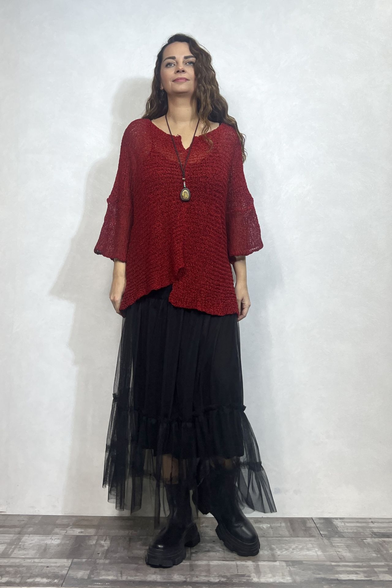 Merserize Bluz ve Tül Etek Kombin - Siyah Kırmızı