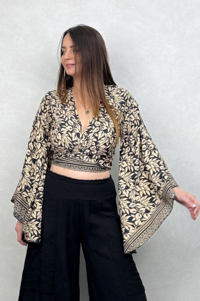 Kimono Kol İpek Bolero Bluz - Siyah Krem