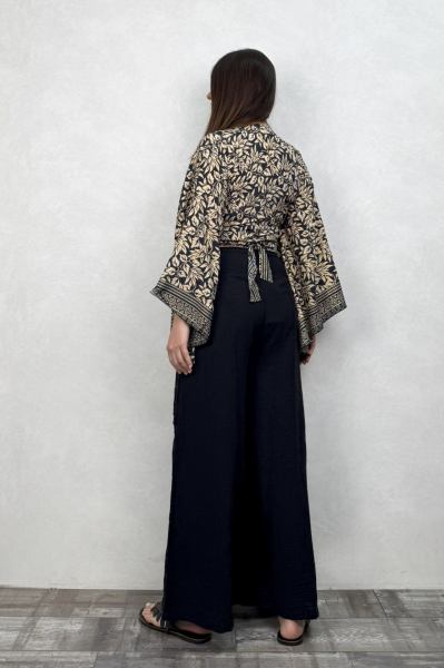 Kimono Kol İpek Bolero Bluz - Siyah Krem