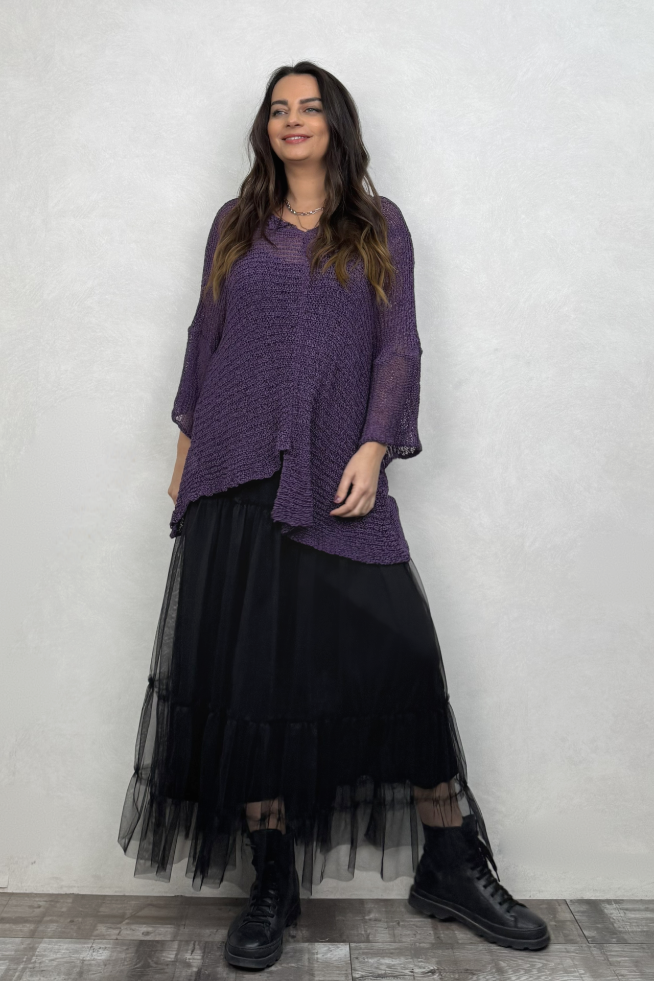 Merserize Bluz ve Tül Etek Kombin - Siyah Mor