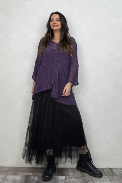 Merserize Bluz ve Tül Etek Kombin - Siyah Mor