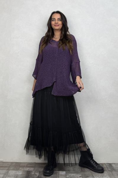 Merserize Bluz ve Tül Etek Kombin - Siyah Mor