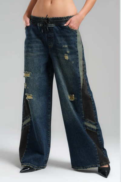 Beli Lastikli Yanları Garnili Detaylı Kot Pantolon - Lacivert