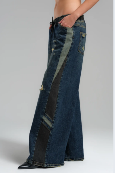 Beli Lastikli Yanları Garnili Detaylı Kot Pantolon - Lacivert