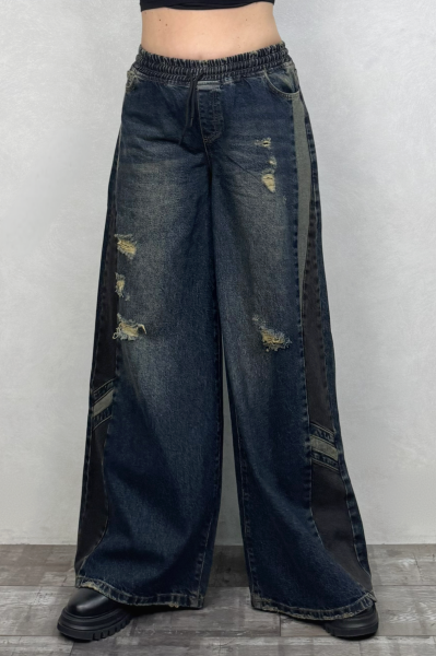 Beli Lastikli Yanları Garnili Detaylı Kot Pantolon - Lacivert