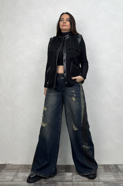 Beli Lastikli Yanları Garnili Detaylı Kot Pantolon - Lacivert