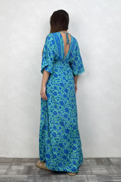 Rachel V Yaka İpek Elbise - Mavi