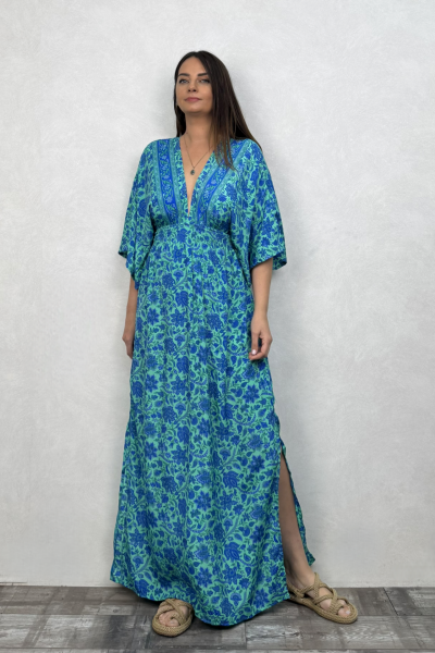 Rachel V Yaka İpek Elbise - Mavi