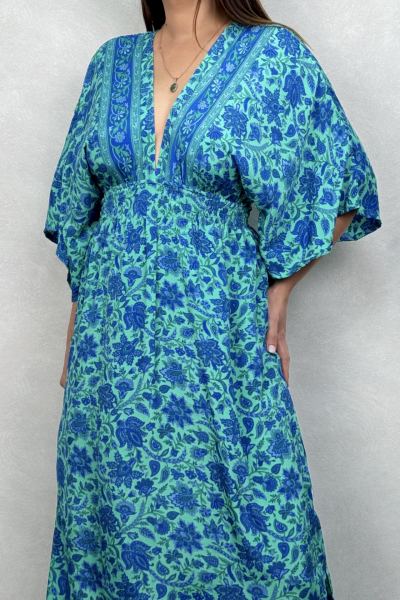 Rachel V Yaka İpek Elbise - Mavi