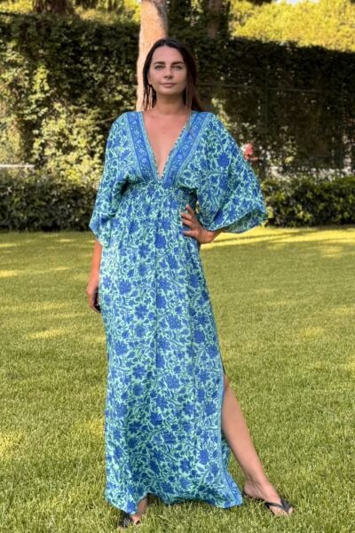 Rachel V Yaka İpek Elbise - Mavi