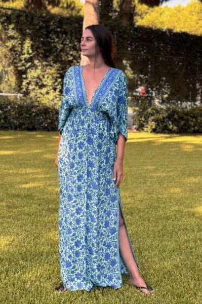 Rachel V Yaka İpek Elbise - Mavi