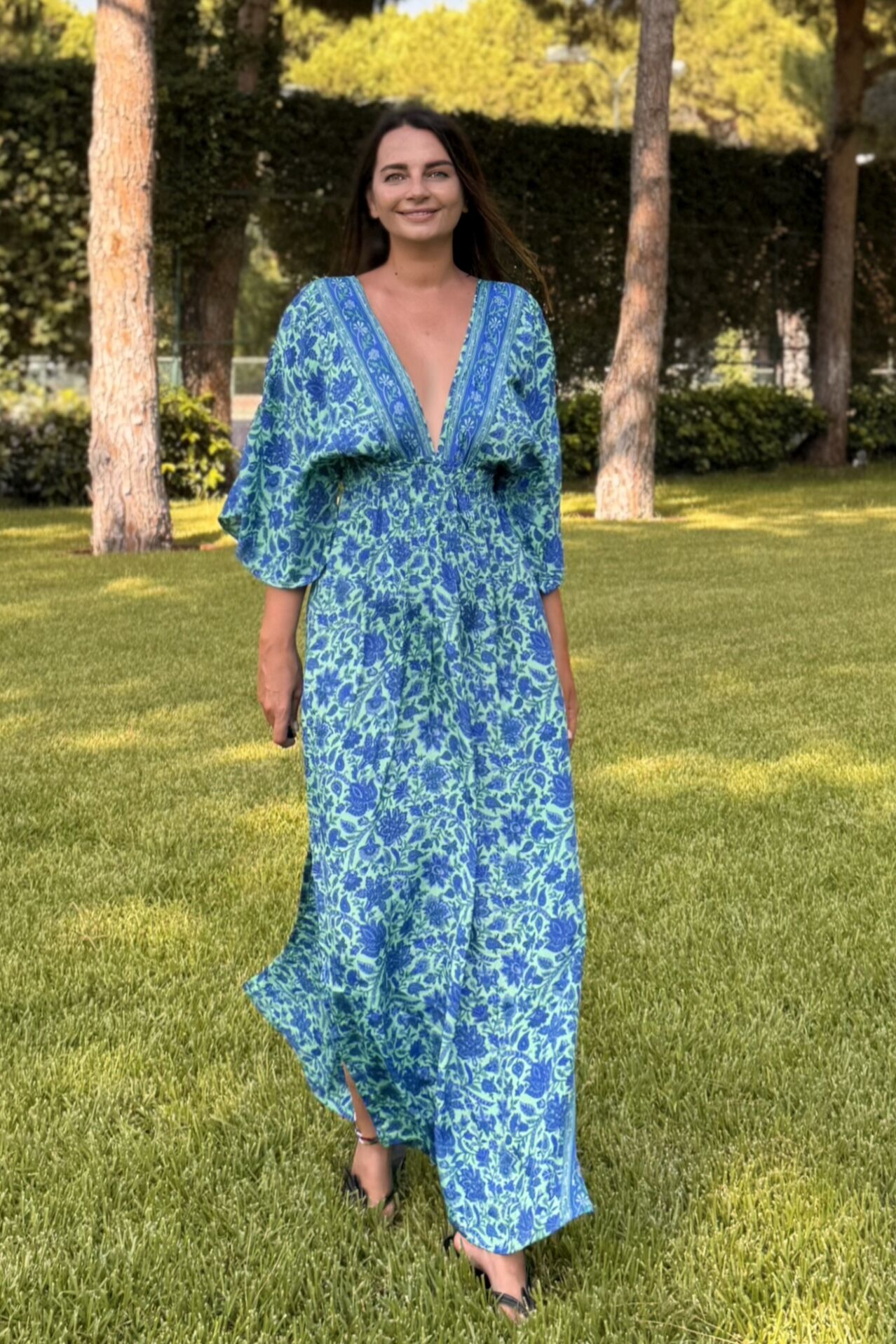 Rachel V Yaka İpek Elbise - Mavi