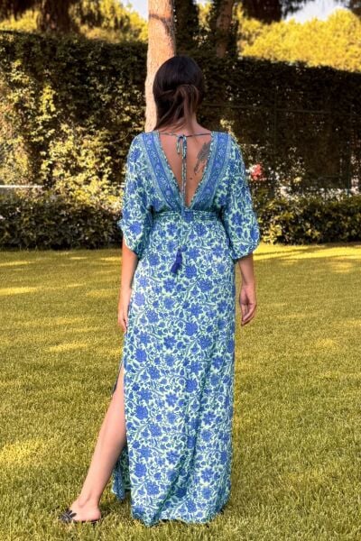 Rachel V Yaka İpek Elbise - Mavi