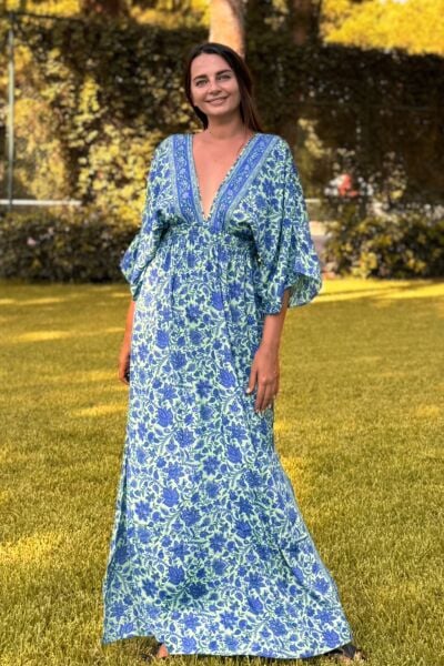 Rachel V Yaka İpek Elbise - Mavi