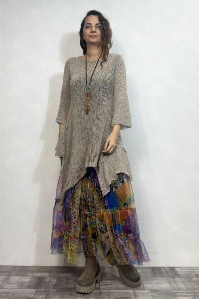 Merserize Tunik ve Tül Etek Kombin -Vizon Renkli Mandala