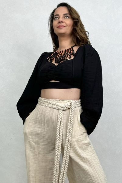 Seul Balon Kol Müslin Crop Bluz - Siyah