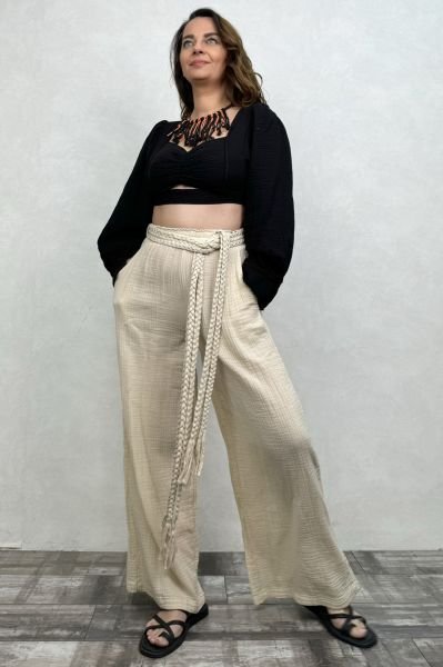 Seul Balon Kol Müslin Crop Bluz - Siyah
