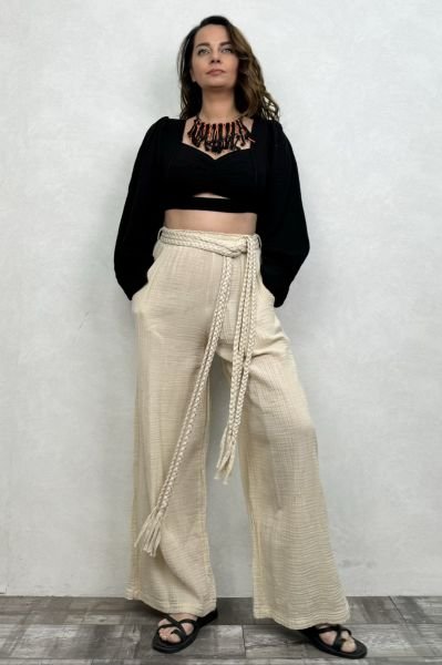 Seul Balon Kol Müslin Crop Bluz - Siyah