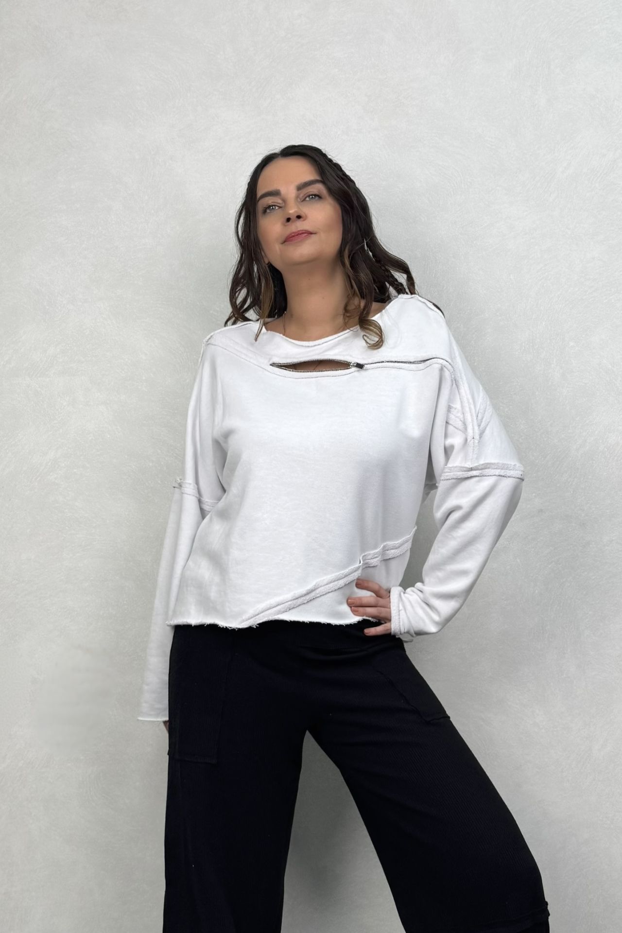 Lamante Bloom Fermuar Detaylı Sweatshirt - Beyaz