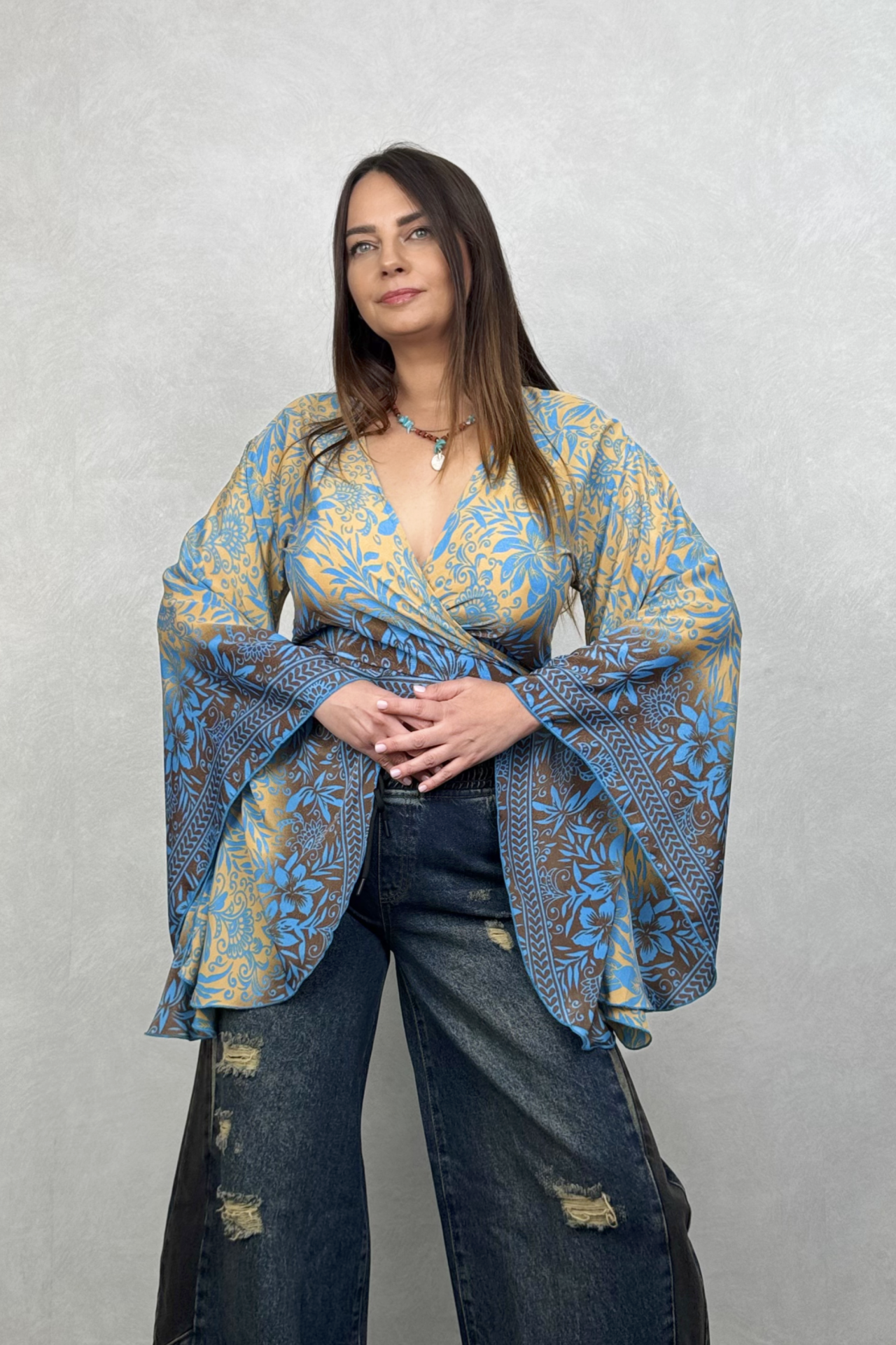 Kimono Kol İpek Bolero Bluz - Mavi Gold