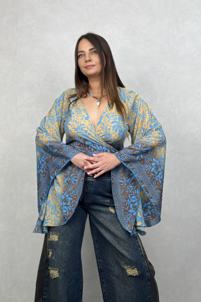 Kimono Kol İpek Bolero Bluz - Mavi Gold