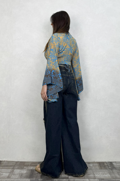 Kimono Kol İpek Bolero Bluz - Mavi Gold