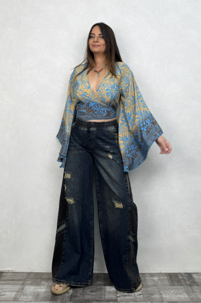 Kimono Kol İpek Bolero Bluz - Mavi Gold