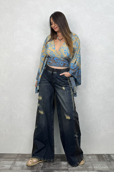 Kimono Kol İpek Bolero Bluz - Mavi Gold