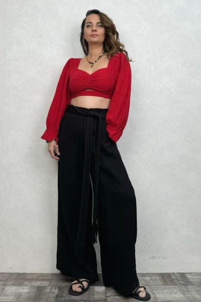 Seul Balon Kol Müslin Crop Bluz Barbados Cherry  - Vişne
