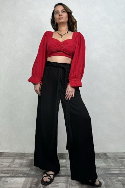 Seul Balon Kol Müslin Crop Bluz Barbados Cherry  - Vişne