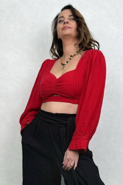 Seul Balon Kol Müslin Crop Bluz Barbados Cherry  - Vişne