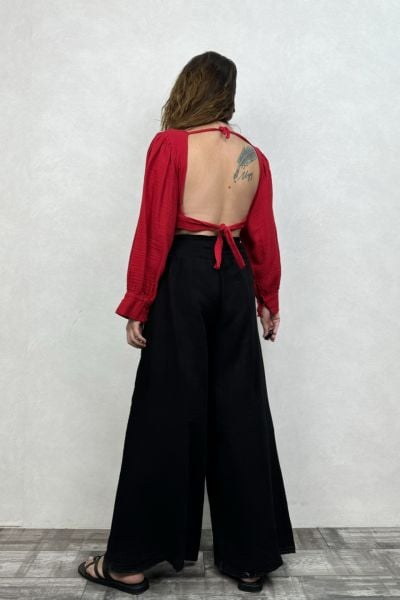 Seul Balon Kol Müslin Crop Bluz Barbados Cherry  - Vişne