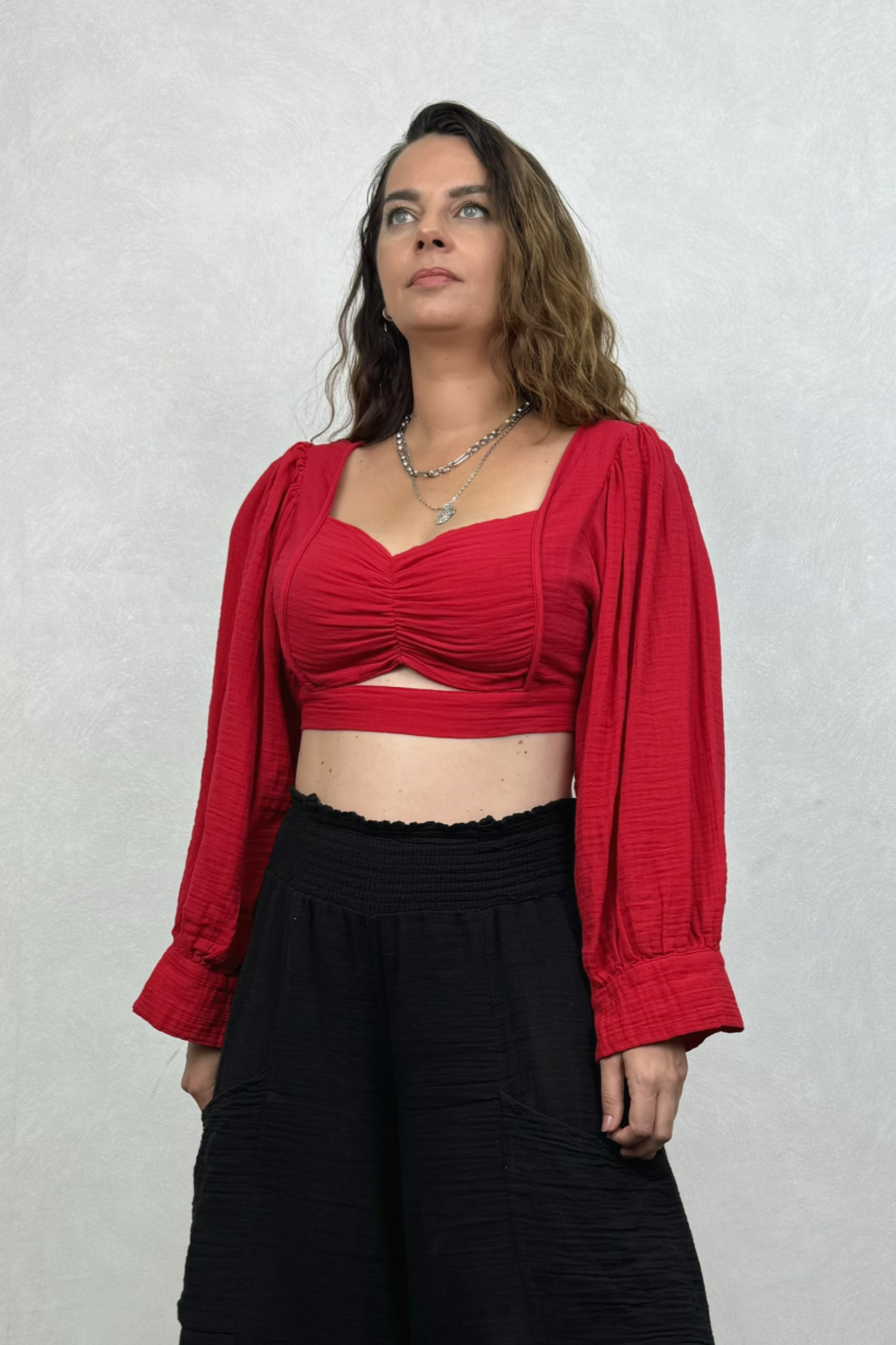 Seul Balon Kol Müslin Crop Bluz Barbados Cherry  - Vişne