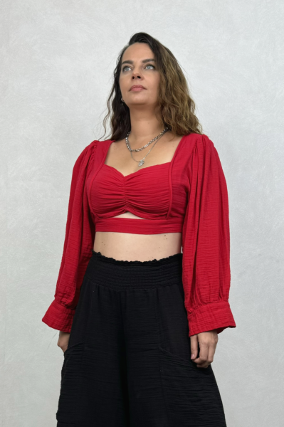 Seul Balon Kol Müslin Crop Bluz Barbados Cherry  - Vişne