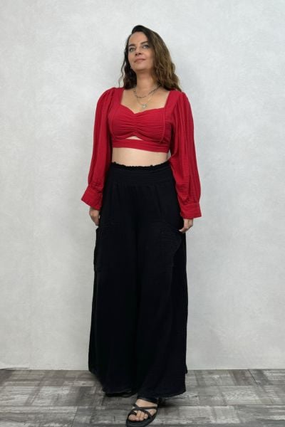 Seul Balon Kol Müslin Crop Bluz Barbados Cherry  - Vişne