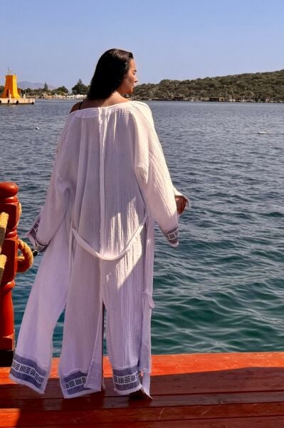 Frig Baskılı Müslin Kaftan - Beyaz