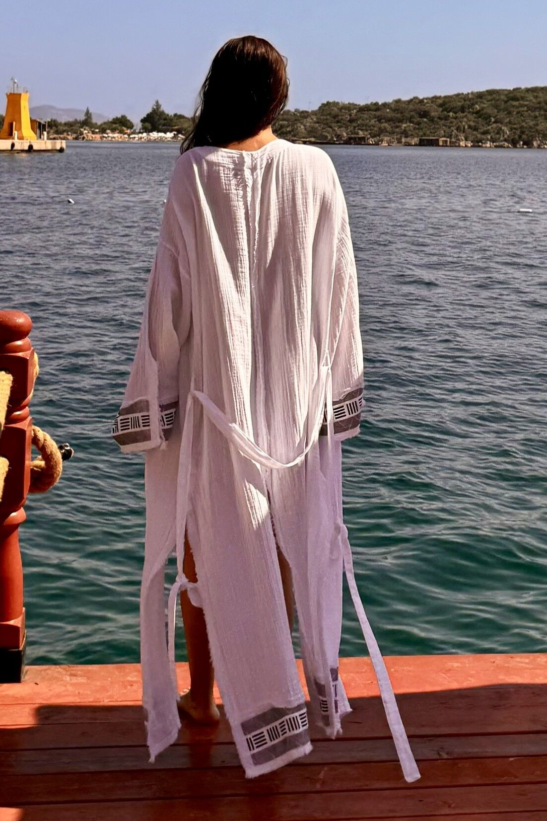 Frig Baskılı Müslin Kaftan - Beyaz