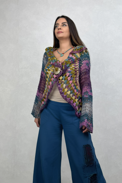Hand Made Sırt Detaylı Hırka - Mor Batik