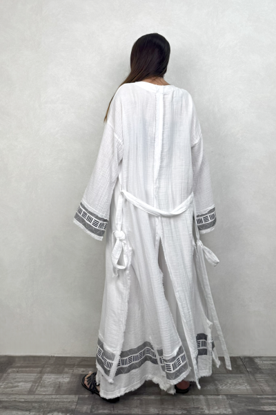 Frig Baskılı Müslin Kaftan - Beyaz