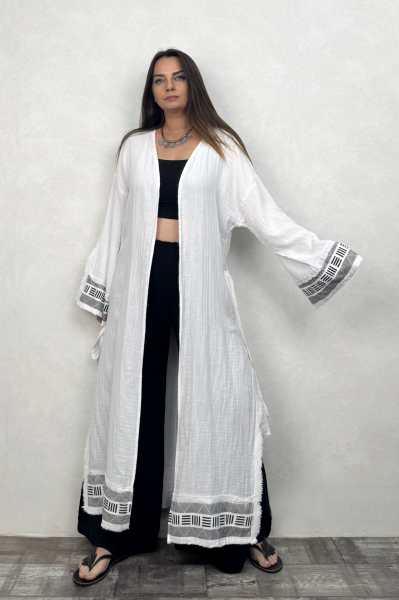 Frig Baskılı Müslin Kaftan - Beyaz