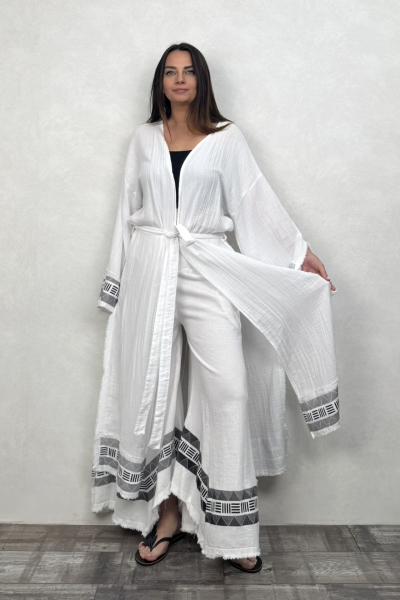 Frig Baskılı Müslin Kaftan - Beyaz