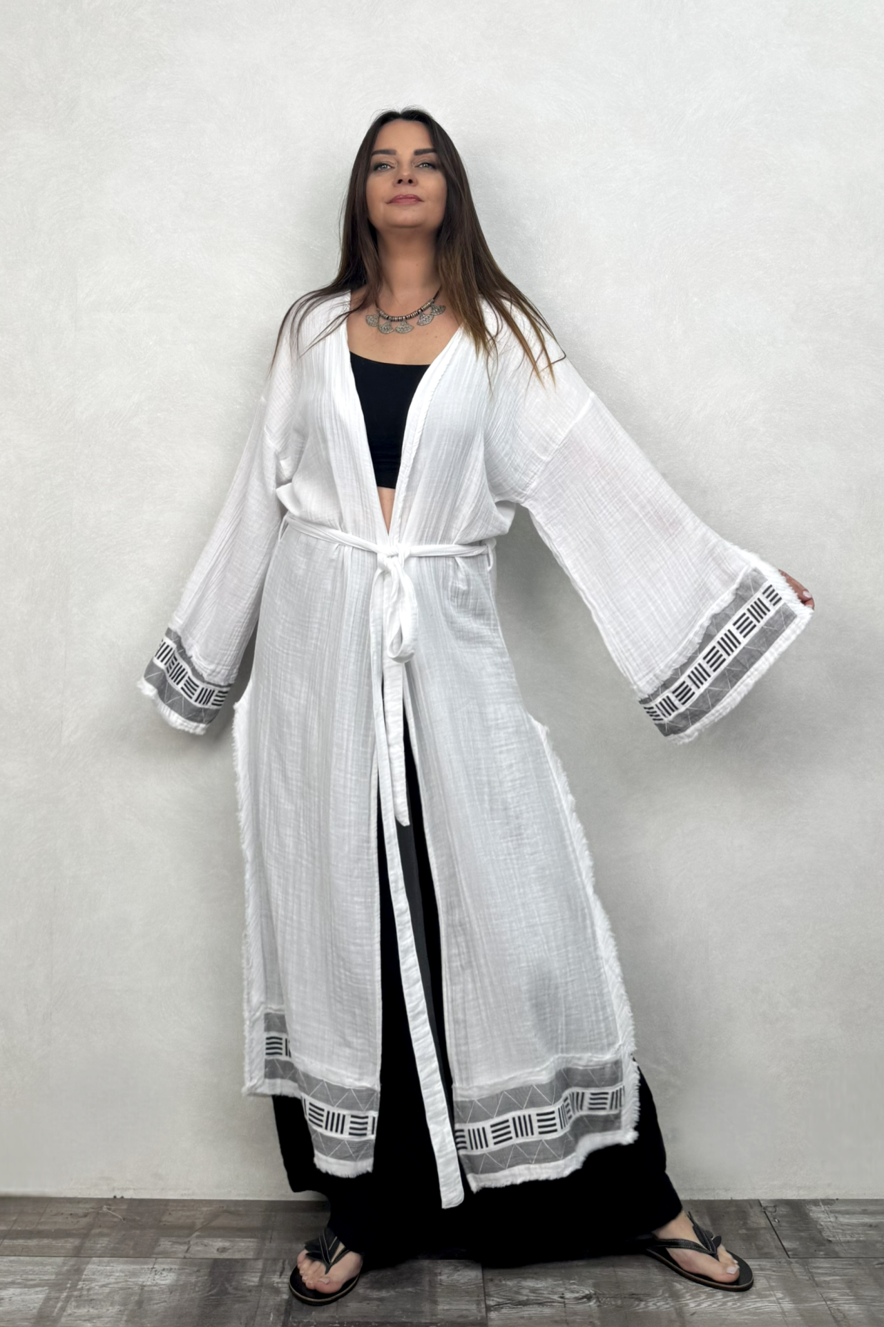 Frig Baskılı Müslin Kaftan - Beyaz