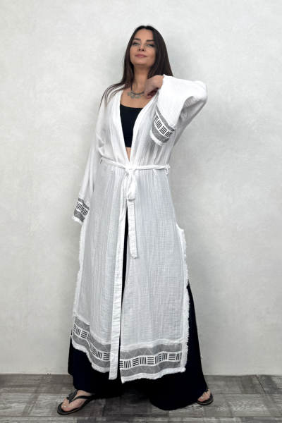 Frig Baskılı Müslin Kaftan - Beyaz