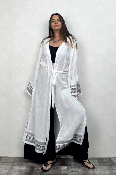 Frig Baskılı Müslin Kaftan - Beyaz