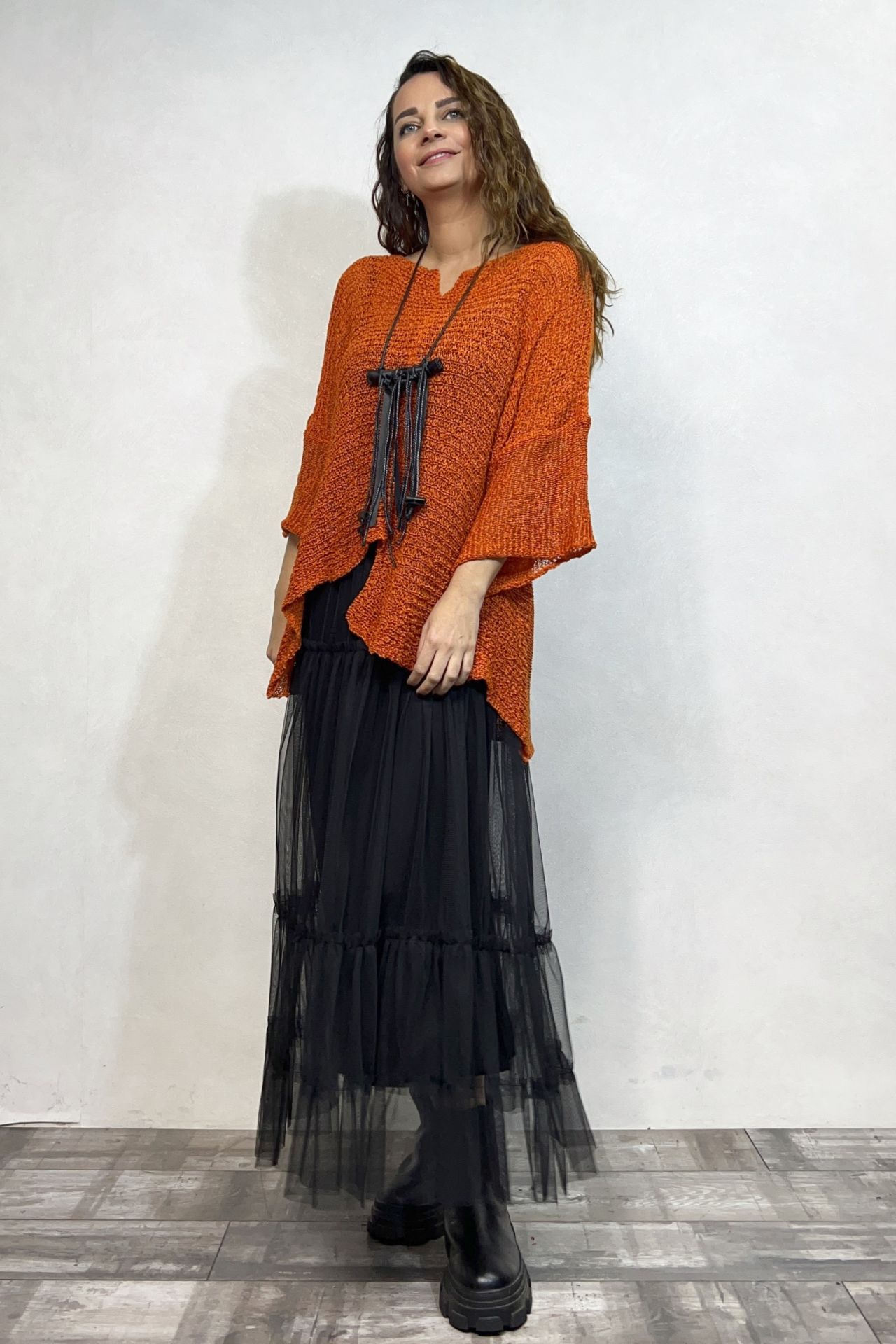 Merserize Bluz ve Tül Etek Kombin - Turuncu Siyah