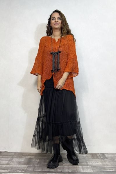 Merserize Bluz ve Tül Etek Kombin - Turuncu Siyah